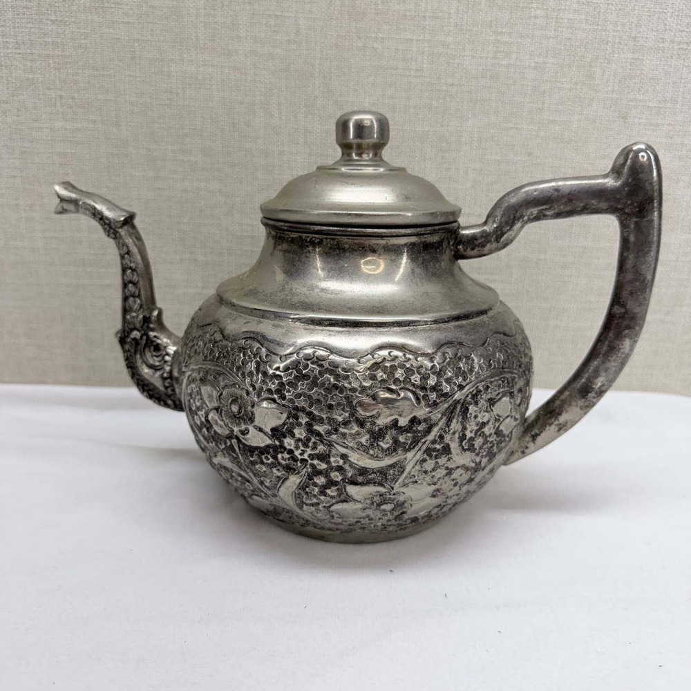 Vintage Repousse Floral Silver Tone Teapot Ornate Decorative Tea Pot 6.5in